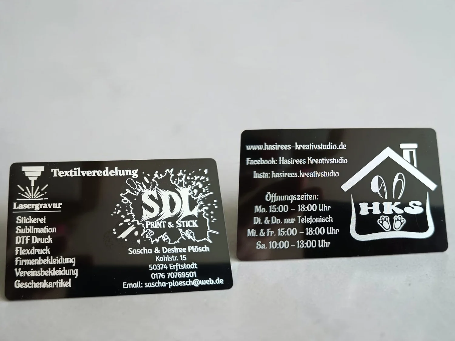 Hasirees Kreativstudio, gelaserte Visitenkarten